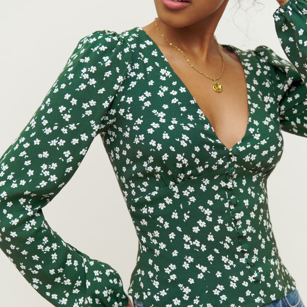 Reformation green floral Nell button up blouse